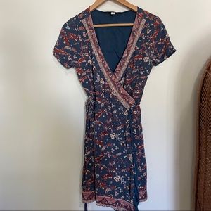 Blue Rare Floral Mini Wrap Boho Dress